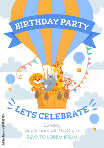 234  Kids birthday invitation with funny hot air balloon. Cute animal flying in sky. Greeting card Template. Vector illustration 