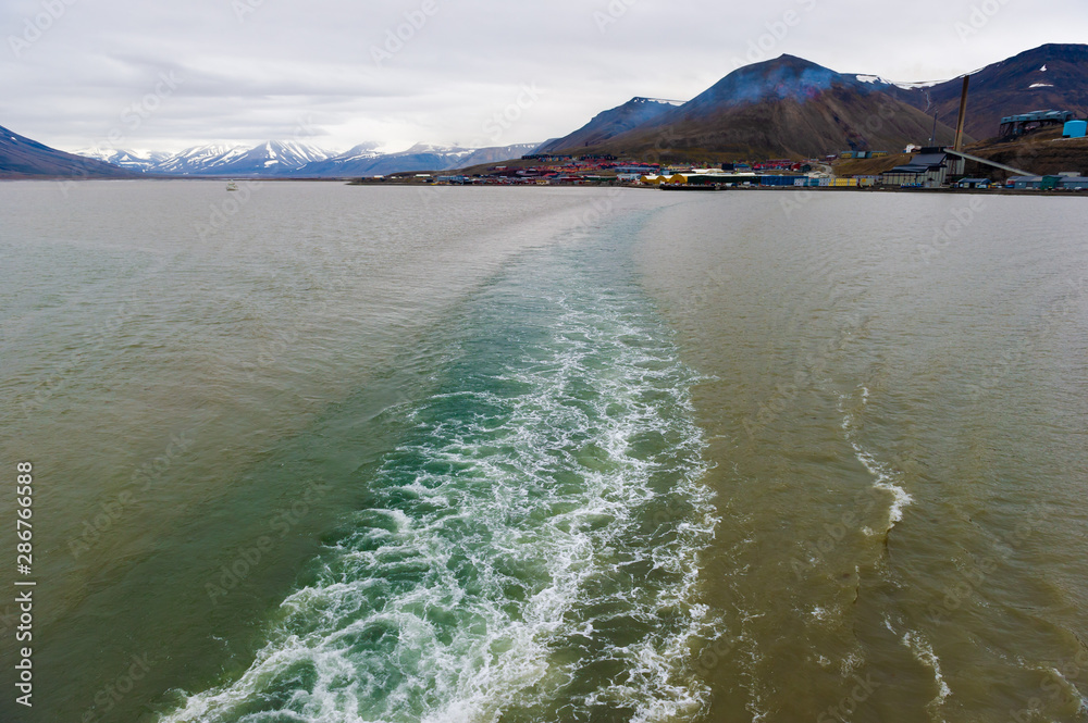 Looking back at Svalbard from the stern of a ship, Longyearbyen, Svalbard, Norway