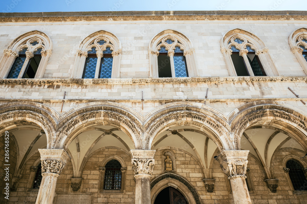 Fragment of the Sponza palace and the Cathedral on the square in the old town of Dubrovnik, Croatia