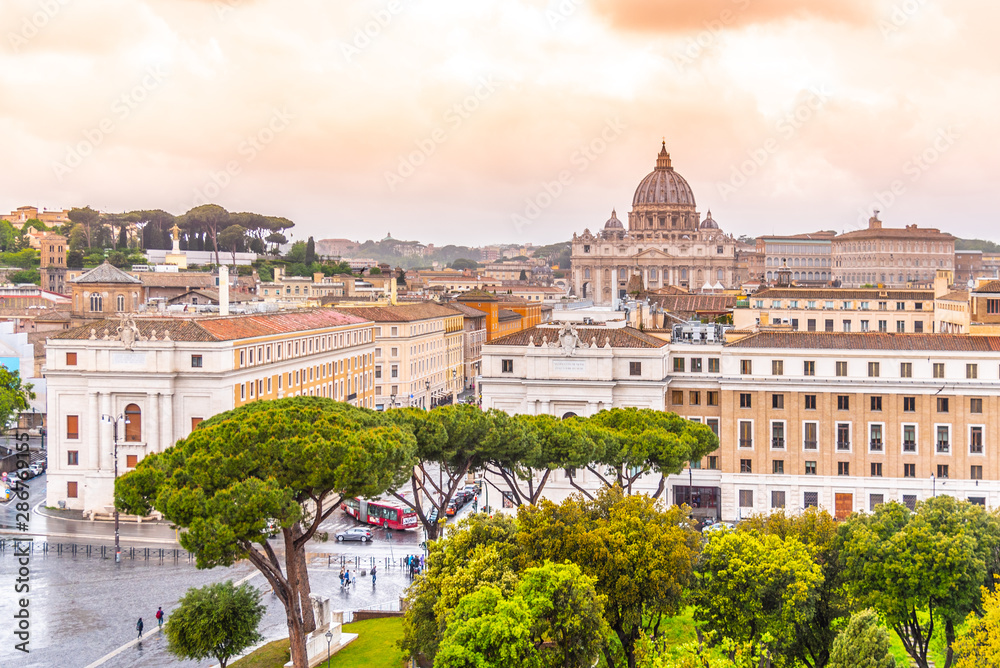 Vatican City with St. Peter's Basilica. Panoramic skyline view from Castel Sant'Angelo, Rome, Italy