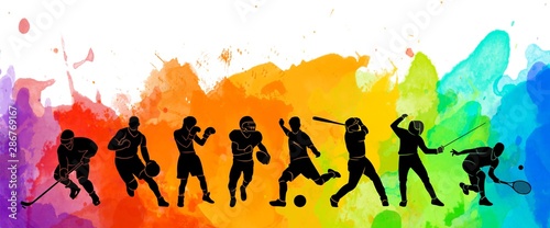 Color sport background. Football, basketball, hockey, box, \nbaseball, tennis illustration colorful silhouettes athletes