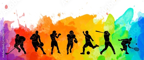 Color sport background. Football, basketball, hockey, box, nbaseball, tennis illustration colorful silhouettes athletes
