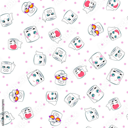 Vector illustration, toilet paper seamless pattern. Happy smiles, cartoon style, white background. Applicable for wrapping paper designs, textile, concepts for kids etc.