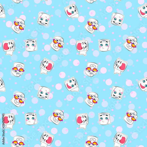 Vector illustration  toilet paper seamless pattern. Happy smiles  cartoon style  cute pastel blue background. Applicable for wrapping paper designs  textile  concepts for kids etc.