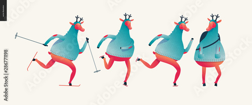 Sporting Santa deer set - modern flat vector concept illustration of cheerful Santa deer wearing a sweater skiing, skating and standing