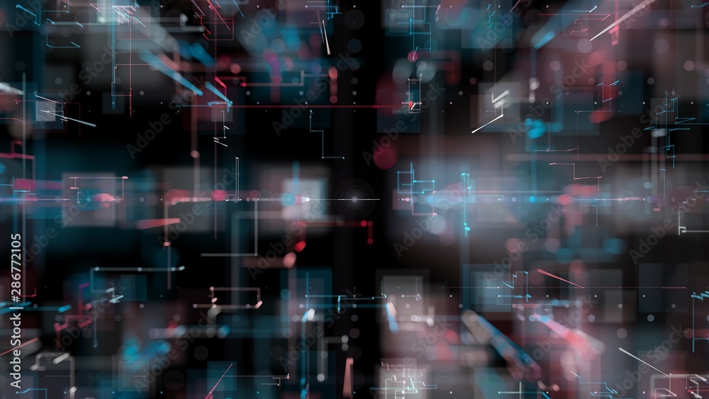 3D rendering, abstract geometric background, Line and Bokeh is blue and red colour, architectural design chart, Big Data connection and technology 3D rendering, abstract geometric background, Line and Bokeh is blue and red colour, architectural design chart, Big Data connection and technology