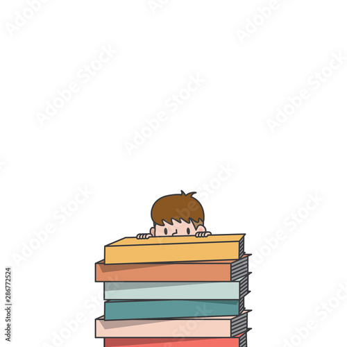 The student boy is climbing and hidden behind the stack book illustration vector on white background. Education and study concept.