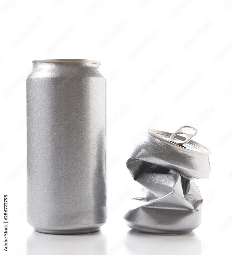 Closeup Of A Full Aluminum Can And One Crushed Empty Can Cans Have No Label Stock Photo Adobe Stock