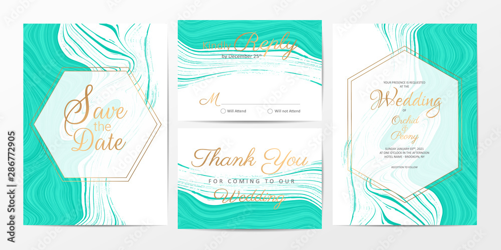 Blue marble wedding invitation cards template set. Modern liquid abstract background for greeting card, poster, or multi-purpose use