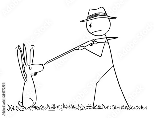 Vector cartoon stick figure drawing conceptual illustration of man with rifle or hunter pointing his gun at rabbit or hare or jackrabbit. Animal surrendered with paws or hands up.