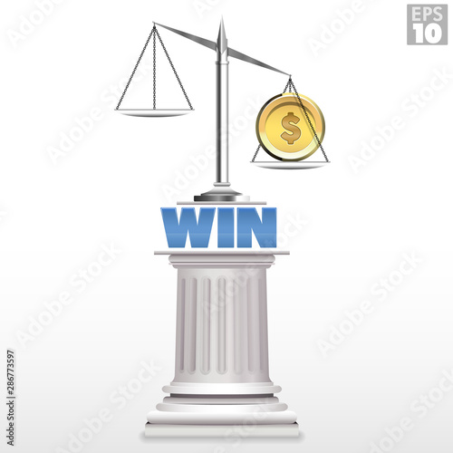 A heavy gold coin on the justice scale to represent expensive court litigation and to win by tipping the balance of justice.