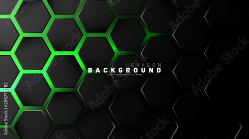 Abstract black hexagon pattern on green neon background technology style. Honeycomb. Vector illustration
