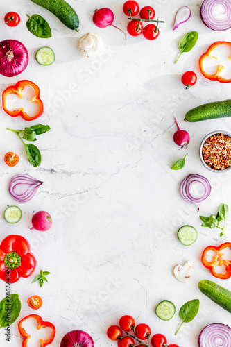 colorful vegetables frame for cooking design on marble background top view mockup