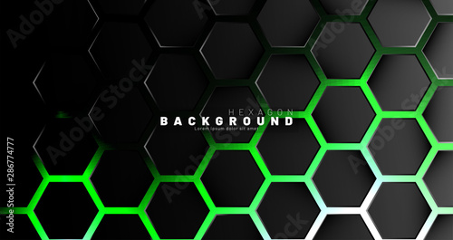 Abstract black hexagon pattern on green neon background technology style. Honeycomb. Vector illustration