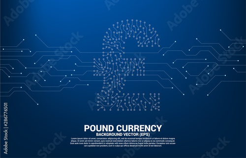 Vector pound sterling currency money icon from circuit board style dot connect line. Concept for digital economy and financial network connection.