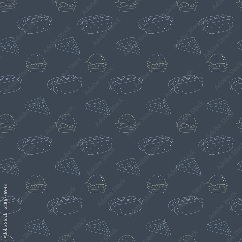 Food Pattern Seamless Background, Bakery, Pizza, Bread, Hot Dog And Hamburger Food Pattern Seamless Background, Bakery, Pizza, Bread, Hot Dog And Hamburger