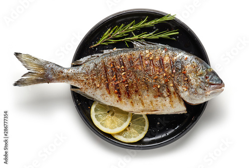 Grilled fish on black plate