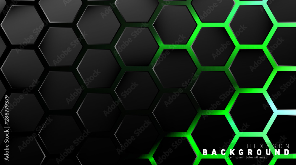 Abstract black hexagon pattern on green neon background technology style. Honeycomb. Vector illustration Abstract black hexagon pattern on green neon background technology style. Honeycomb. Vector illustration