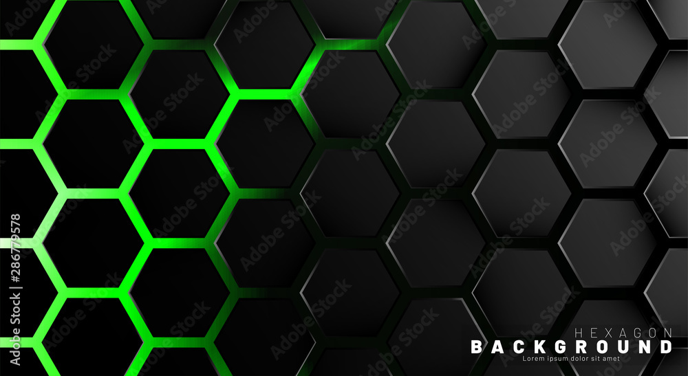 Abstract black hexagon pattern on green neon background technology style. Honeycomb. Vector illustration