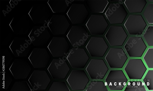 Abstract black hexagon pattern on green neon background technology style. Honeycomb. Vector illustration