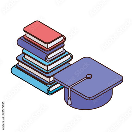 stack of books with graduation hat on white background