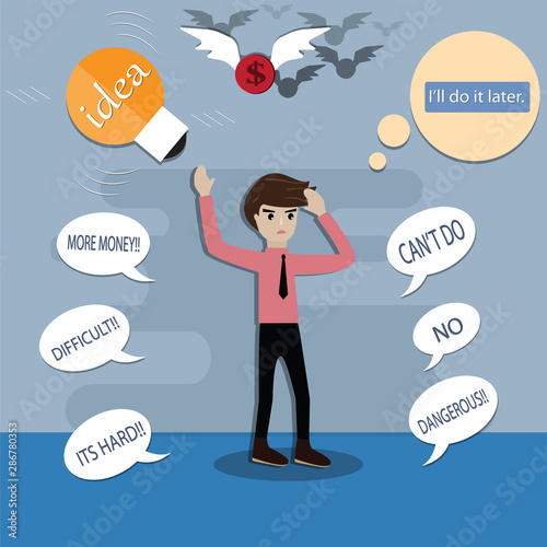 Stock vector cartoon,Businessman was throwing a light bulb idea cause of the bad words surrounded him - vector