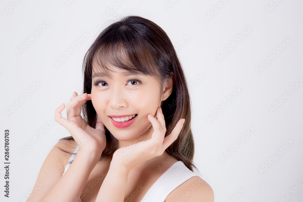 Beautiful woman asian makeup of cosmetic, beauty asia girl hand touch cheek and smile attractive, face of beauty perfect with wellness isolated on white background with skin healthcare concept. Beautiful woman asian makeup of cosmetic, beauty asia girl hand touch cheek and smile attractive, face of beauty perfect with wellness isolated on white background with skin healthcare concept.
