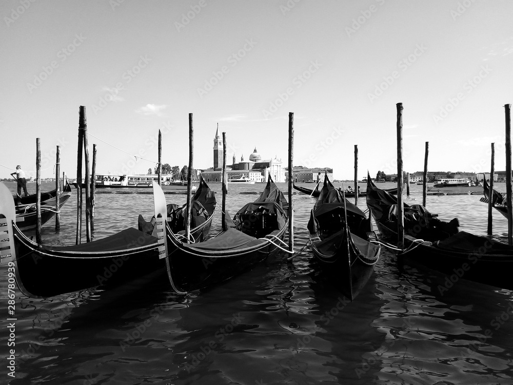 Gondola boats in Venice - italy - Black and White Photograph