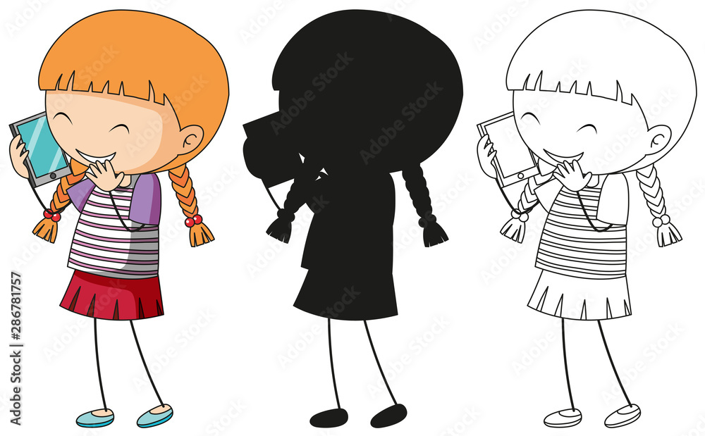A set of characters in color, silhouette and outline A set of characters in color, silhouette and outline