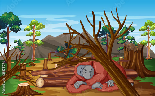 Pollution control scene with chimpanzee and deforestation