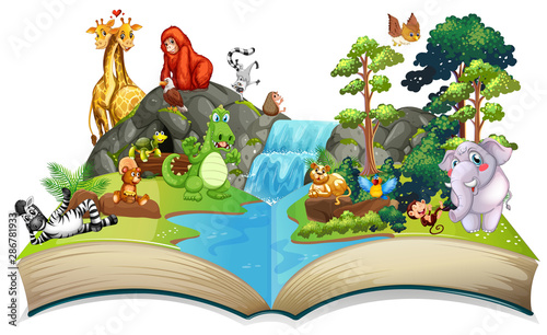 Many animals by the waterfall