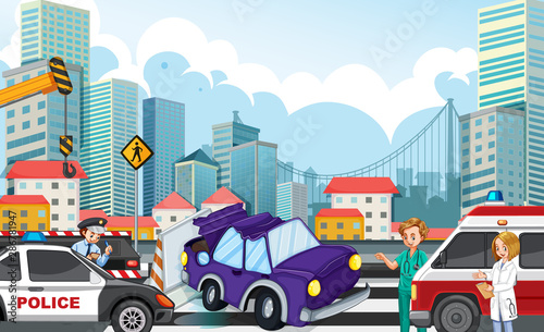 Accident scene with car crash on highway