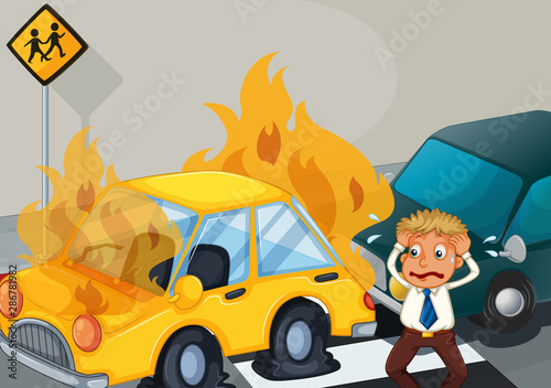 Accident scene with two cars on fire