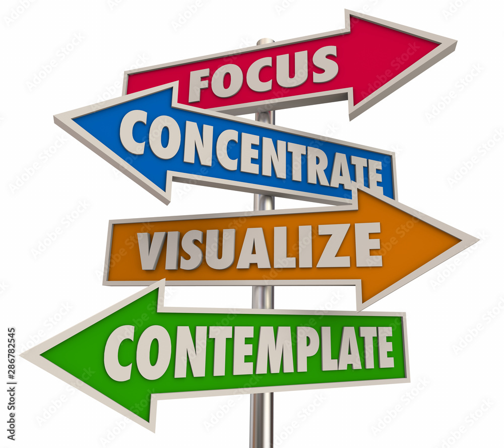 Focus Concentrate Visualize Contemplate Arrow Words 3d Illustration Focus Concentrate Visualize Contemplate Arrow Words 3d Illustration