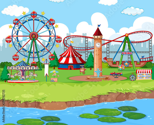 Scene background design with rides at the carnival