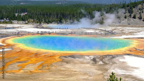 high angle close view of the grand prismatic spring in yellowstone
