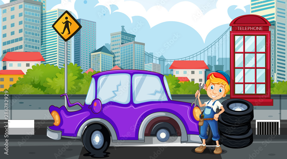 Naklejka premium Accident scene with mechanic fixing flat tyre