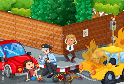Accident scene with car accident on the road