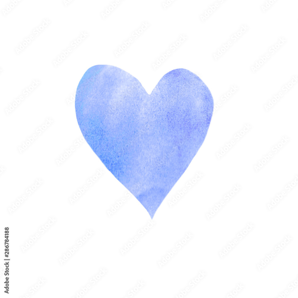 Big blue watercolor heart isolated on white background. Valentines day hand drawn background with space for text. Heart shape watercolour template. Design element