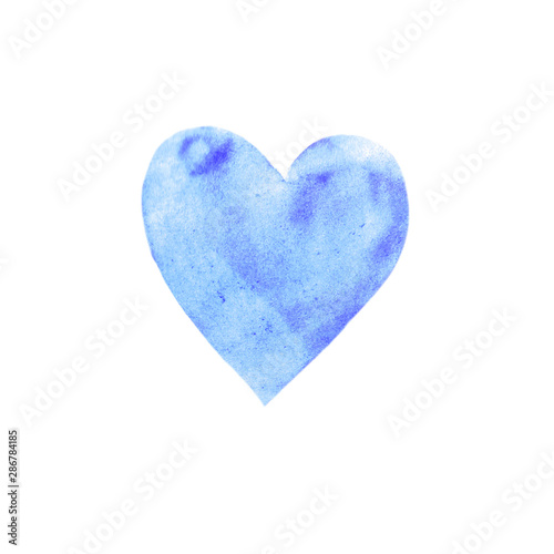 Big blue watercolor heart isolated on white background. Valentines day hand drawn background with space for text. Heart shape watercolour template. Design element