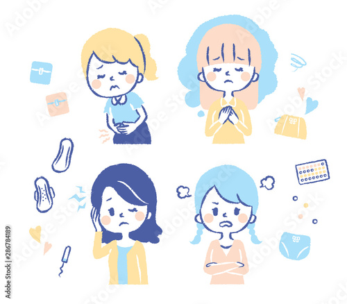 Illustration set where women suffer from menstruation
