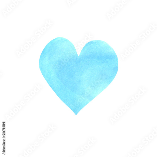 Big blue watercolor heart isolated on white background. Valentines day hand drawn background with space for text. Heart shape watercolour template. Design element