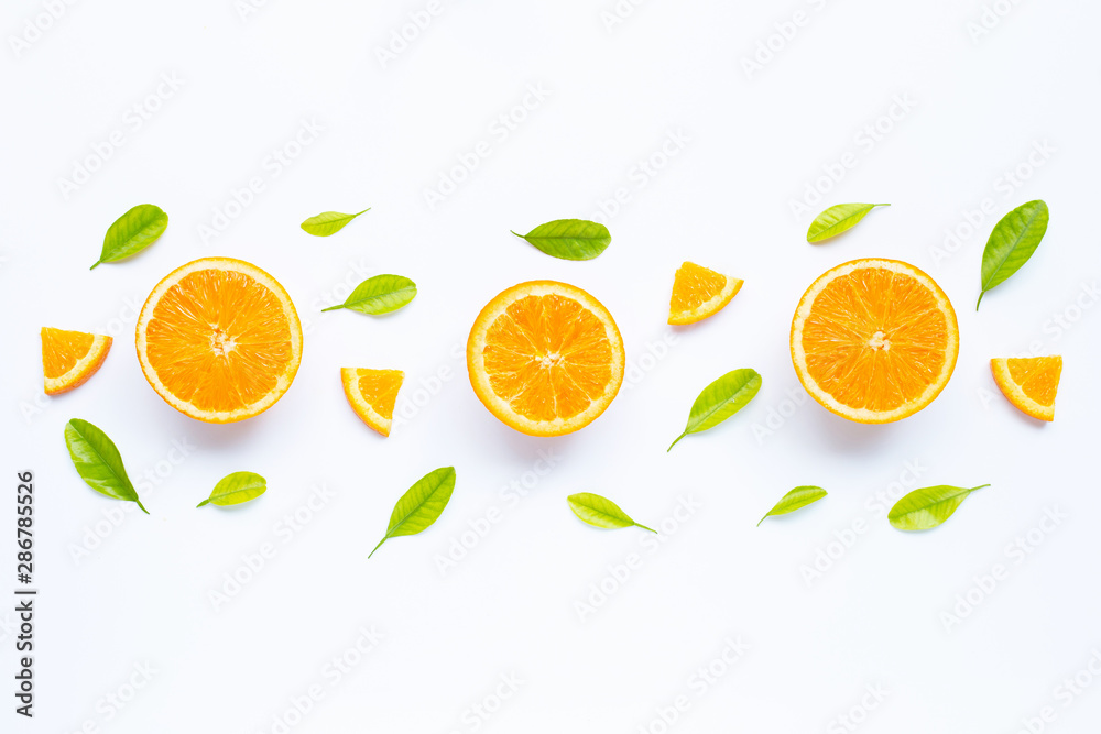 High vitamin C, Juicy and sweet. Fresh orange fruit with green leaves  on white.