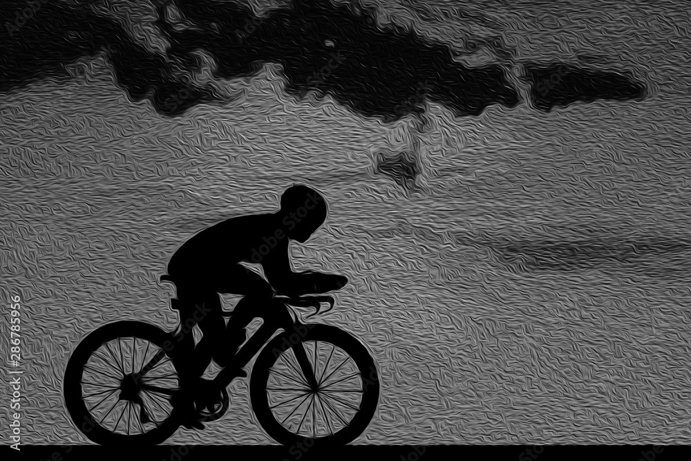 Obraz premium Silhouette Cycling on blurry sunrise sky background. oil painting 