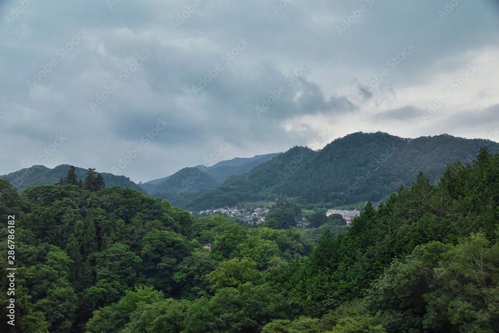 Rural landscape around Tokyo Japan, views of rice fields, mountains, rivers and farming village from train ride. Asia.