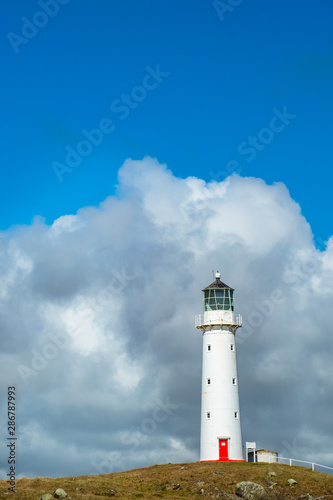 A beautiful tall white Cape Egmont Lighthouse.