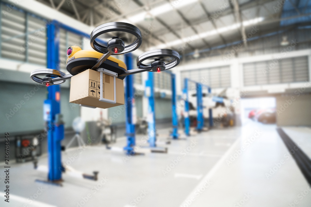 Spare part delivery drone at garage storage in leading automotive car  service center for delivering mechanical shipping component part assembling  to customer. Modern innovative technology and gadget Stock Photo | Adobe  Stock