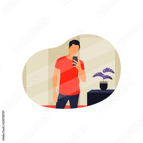 a portrait of a man taking selfies in front of a large mirror. vector illustration
