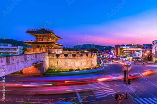 Wallpaper Mural Traffic at Janganmun Gate at Hwaseong Fortress Twilight Sunset in Suwon South Korea.22 August 2019. Torontodigital.ca