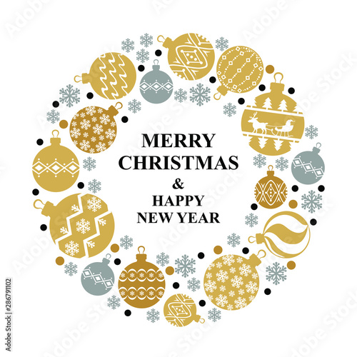 Vector illustrations of Christmas greeting card decorated with balls and snowflakes